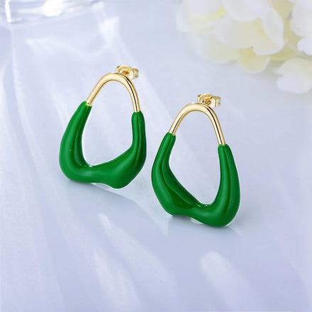 Korean Fashion Simple Candy Colorful Triangle Geometric Brass Gold Plated Silver Needle Green Resin Enamel Hoop Stud Earring