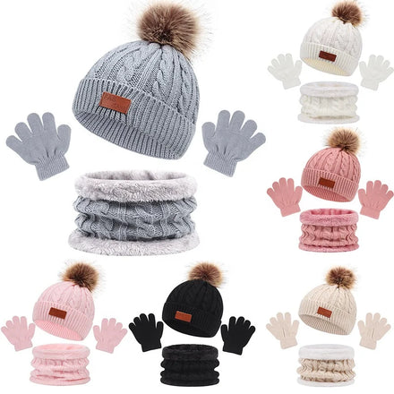 3PCS Baby Hat Scarf Winter Knitted Polyester Beanie Toddler Cap Kids Boy Girl Infant Flat Brim Hairball Bonnet Set Warm