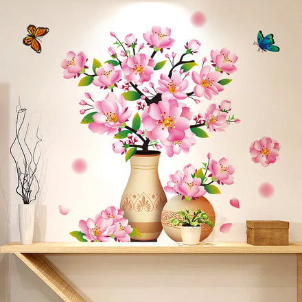 New Design Self-adhesive 3d Peach Blossom Flower Vase Wall Stickers Living Room