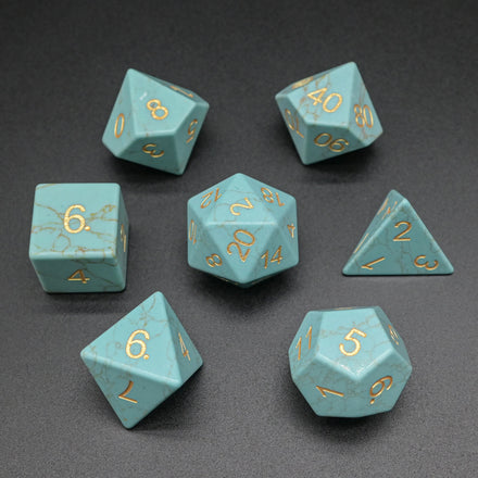 Gold Carving Polyhedral Synthetic Blue Turquoise Stone DND Dice Set for Tabletop Game Lovers