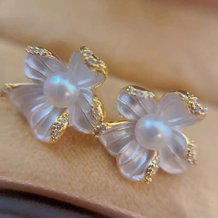Brushed Pistil Stereo Earrings S925 Silver Needle Allergy Resistant Natural Fresh Water Pearl Earrings Women's Pearl Jewelry