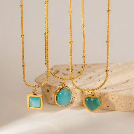 GT New Design Beach Sea Stainless Steel Blue cat Eye Stone square Pendant Necklace