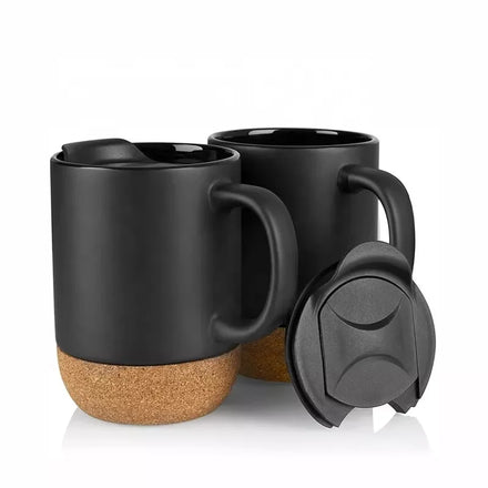 15oz Matte Black White Ceramics Travel Mugs Cork Bottom Customizable Porcelain Ceramic Coffee Mugs Cork Bottom Mug
