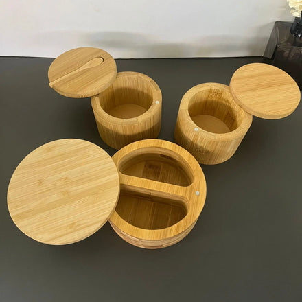 3 Compartment Round Salt Container Bamboo Salt Cellar Kitchen Spice Pepper Seasoning Salt Box with Swivel Magnetic Lid