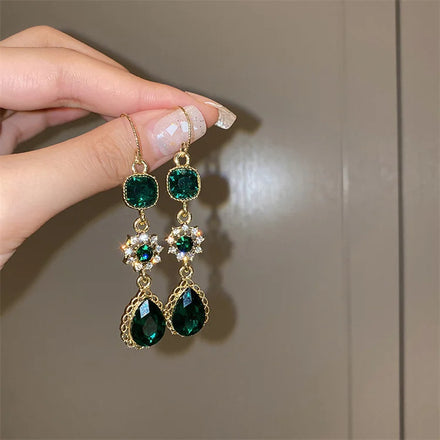 Wholesale Retro Korean Banquet Luxury Emerald Square Water Drop Rhinestone Flower Long Tassel Women Earrings