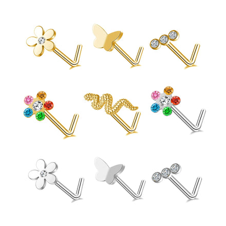 ZF Zircon Stainless Steel Cute Butterfly Flower L Shape Nose Ring Studs for Wedding Body Piercing Jewelry