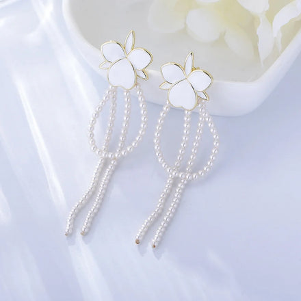 New White Cherry Blossoms Flower Earrings Brass 18k Gold Plated Imitation Shell Pearl Beads Enamel Chandelier Earrings