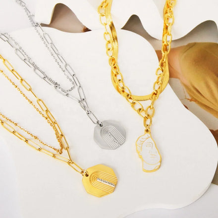 18k Gold Plated Character Double Chain Geometric Pendant Necklace 2022Stainless Steel Necklaces Collar Para Mujer Jewelry Custom
