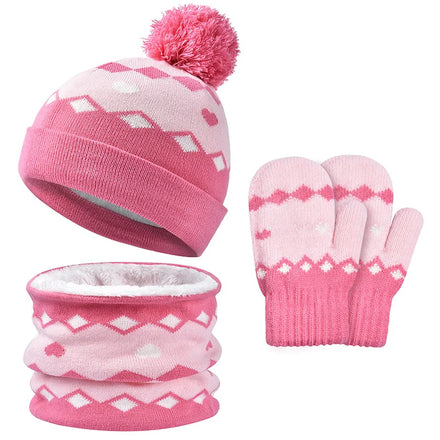 Custom logo Kids Winter Knitted Jacquard Beanie Hat Neck Warmer Gloves Sets