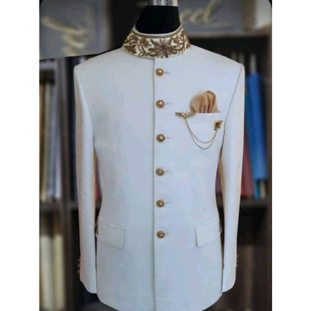 Stand Collar White Gold Embroidery Men's Suits Wedding Tuxedo 2 Pcs Set Jacket Pant Male Formal Performance Suits for Men