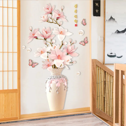 New Design Self-adhesive 3d Peach Blossom Flower Vase butterfly Wall Stickers Living Room