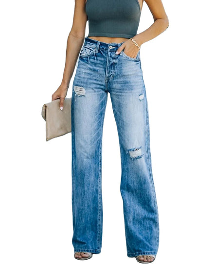 Wholesale Hot Sale Fashion Washed Ripped Long Jeans Wide Leg Bell Bottom Mid Waist Casual Streetwear Womens Jeans