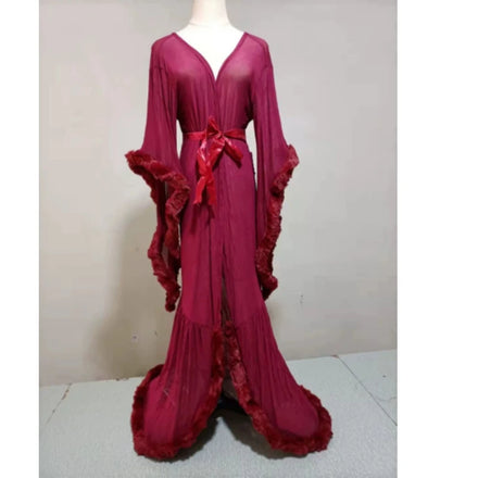 Lingerie Perspective Robes for Women Feather Trumpet Sleeve Trailing Long Night Dress Luxury Temptation Nightgown Suit