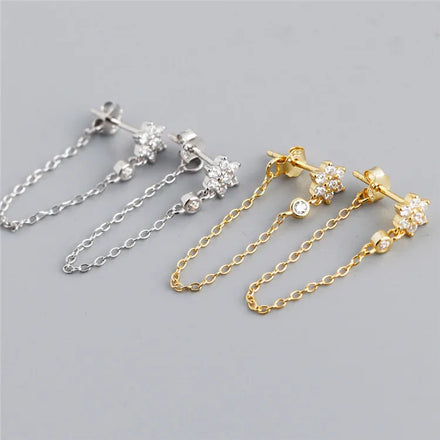 SP Shiny Zircon Flower Studs 925 Sterling Silver Long Tassel Link Chain Earrings for Women