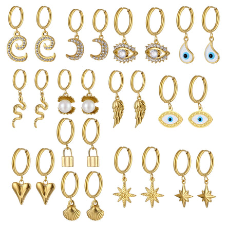 Trendy Star Shape Pendant Hoop Earrings 18K Gold Plated Stainless Steel Angel Wing Love Heart Dangle Huggies Earrings for Women