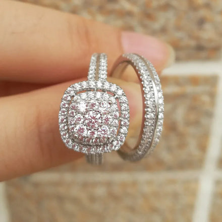 CAOSHI Custom Diamond 2Pcs/Set Cz Cubic Zirconia Rings Sets Stacking Silver Plated Copper Engagement Wedding Rings for Woman
