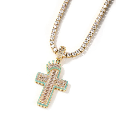 Men's Trendy Bling Necklace with Luminous Crown Cross Chain Pendant Glow in Dark Hip Hop Style Zircon Brass Jewelry for Weddings