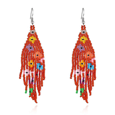 Women's Trendy Handwoven Flowers Huggie Earrings Multi-Color Seed Beaded Fringe Jewelry for Weddings & Parties Cute Gift