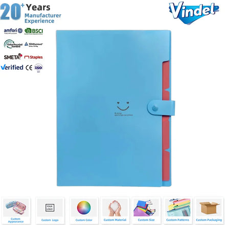 Customized 5 Pockets Plastic A4 Letter Size Smile Accordion File Folder Expanding Document Bag Organizer for Business Office