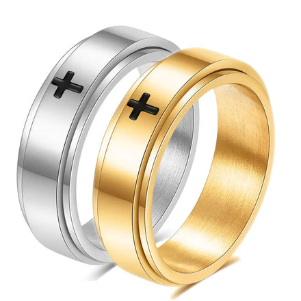 Turn Spinning Anxiety Ring Stainless Steel Women Men Cross Rings Drip Oil Fidget Couple Ring