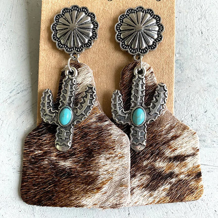 Western Cowgirl Earrings Genuine Hair on Hide Leather Cow Tag Cactus Turquoise Dangle Earrings Southwestern Jewelry
