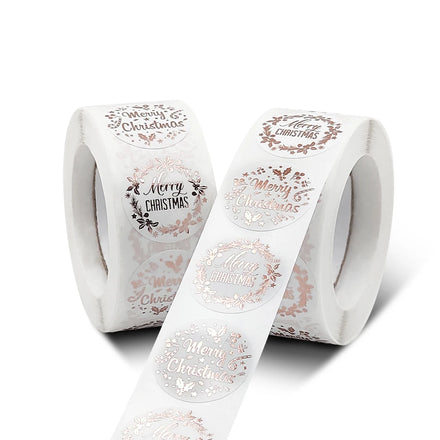 Wholesale Rose Gold Merry Christmas Round Roll Stickers for Festival Gift Decoration 1inch PVC Vinyl Label