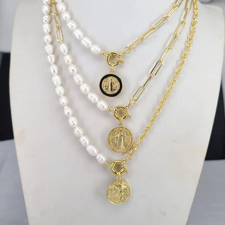 NP1034 Half Real Freshwater Pearl Half Paper Clip Chain Spring Sailors Spring Clasp Necklace With Coin Pendant