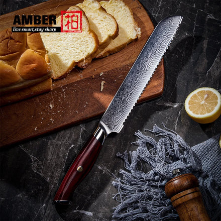 Amber Rose Wood Handle Professional Kitchen Bread Knife Serrated Bread Knife VG10 Damascus Steel Kitchen Knives
