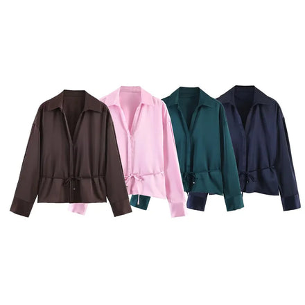 Women Satin Silk Long Sleeve Blouse with Belt