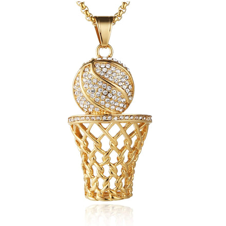Mens 18k Gold Silver Plated Basketball Rim Cz Inlay Pendant Hip Hop Rope Chain Sports Jewelry Basketball Net Necklace