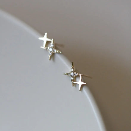 925 Sterling Silver Korean Version Simple Four-pointed Star Stud Earrings Women Pave Zircon Light Luxury 14k Gold Jewelry Gift