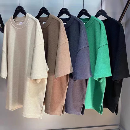 INS Thick Cotton High Street Waffle T-shirt Side Split Casual Half-sleeved T-shirt