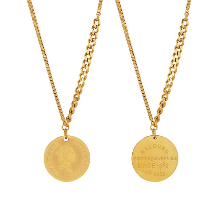 Head Letter Round Pendant Necklace Sweater Chain Stainless Steel Jewelry Necklace