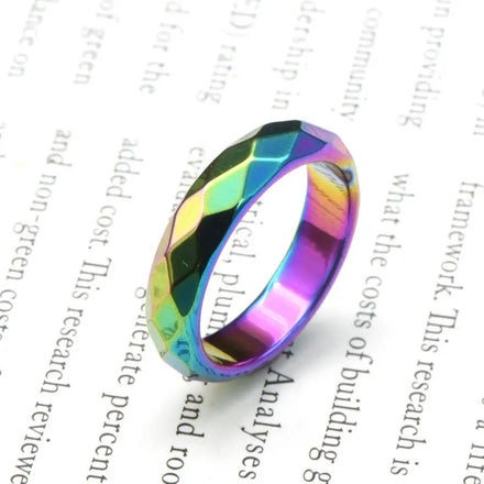 Factory Price Faceted Rainbow Color Plated Energy Crystal Healing Hematite Ring for Men and Women