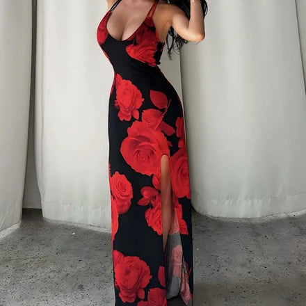 Women Spaghetti Strap Deep V Red Rose Print Maxi Dress High Side Slit Bodycon Floor Length Evening Party Long Dress