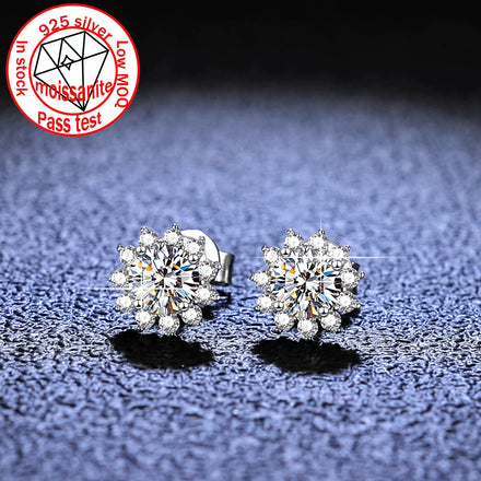 Best Selling 925 Sterling Silver Moissanite Earrings Round Cut Flower Design Korean Style Jewelry for Ladies
