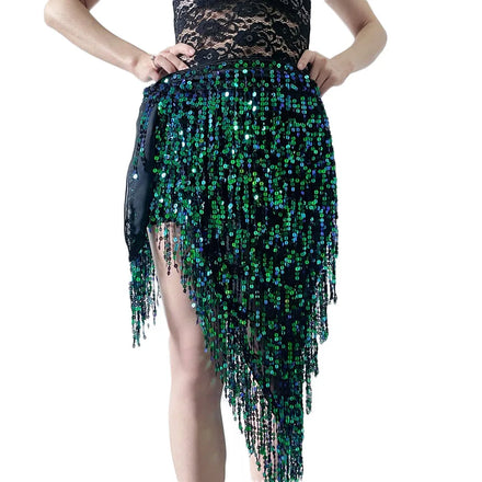 Belly Dance Performance Multicolored Sequins Tassel Triangle Hip Scarf Wrapped Waist Chain for Women
