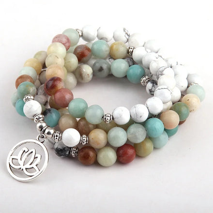 Fashion 8mm White Howlite Amazonite Stones Bohemian Tribal Jewelry Lotus Flower Charm Necklace 108 Mala Yoga Bracelet Necklace
