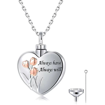 Cremation Pendant Bone Ash Box Stainless Steel Heart Tulip Memorial Necklace Keepsake Pendant Bone Ash Jewelry Gift