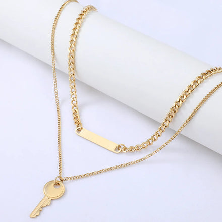 Fashion 18K Gold Plated Stainless Steel Key Pendant Necklace Double Layered Strand Casual/Sporty Anniversary Jewelry Unisex