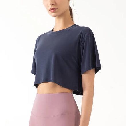 Short Sleeve Women Workout Yoga Blouse Crop Top Fitness Gym Loose Plain Sports T-Shirt