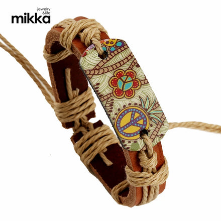Fashion Bracelets for Women Hippie Retro Leather Adjustable Bracelet Handmade Jewelry for Men Flower Print Rope Gifts