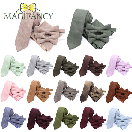 Top Hot 50% Wool Soft 7cm Tie Bowtie Hankie Set Brown Pink Green Solid Plaid Classy Men Kids Wedding Party Cravat Accessory Gift