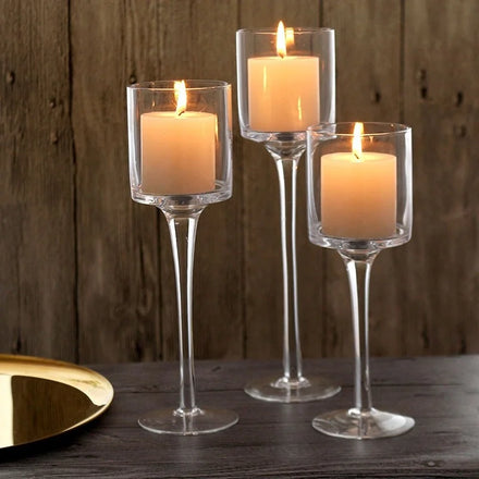 European Tall Goblet Glass Candlestick Cylinder Pillar Candle Holders Set for Wedding Decoration