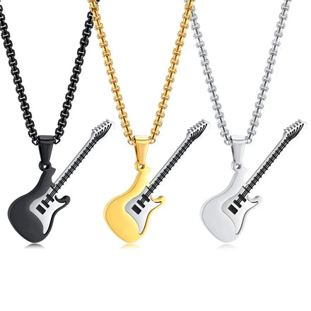 Popular Hip Hop Stainless Steel Gold Plated Guitar Pendant Necklace with Link Chain for Men-Anniversary Gift
