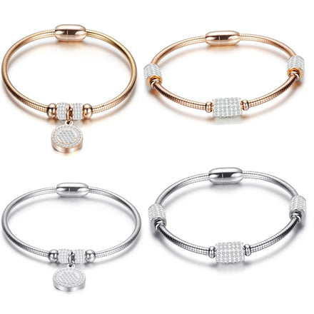 14k Gold Stainless Steel Charms Bangle Bracelet Magnetic Locks CZ Jewelry Bracelet Set for Women