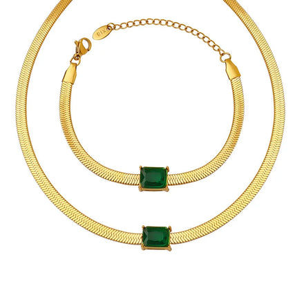 MICCI 18k Plated Gold Stainless Steel Flat Herringbone Bone Zircon Charm Choker Square 4mm Snake Chain Bracelet Necklace Set