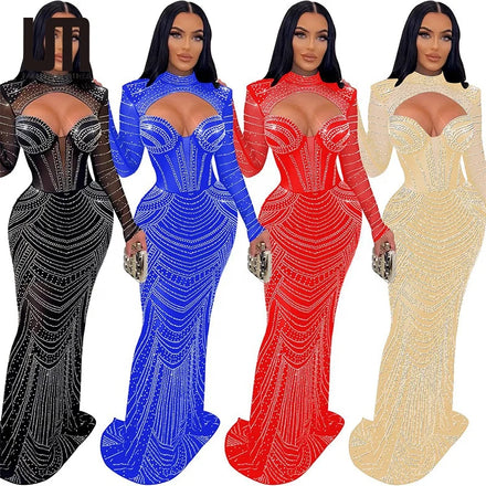 Liu Ming Cheap Wholesale Elegant Autumn Winter Women Party Club Mesh Rhinestone Gown Evening Maxi Dress