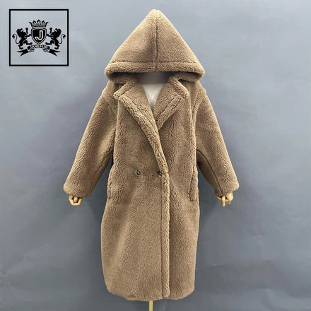 Women Europe Style Brown Hooded Lamb Fur Trench Coat Oversize Winter Coat