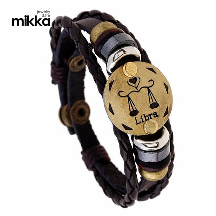 Vintage Punk 12 Zodiac Signs Layered Leather Braided Rope Bracelets Jewelry for Men